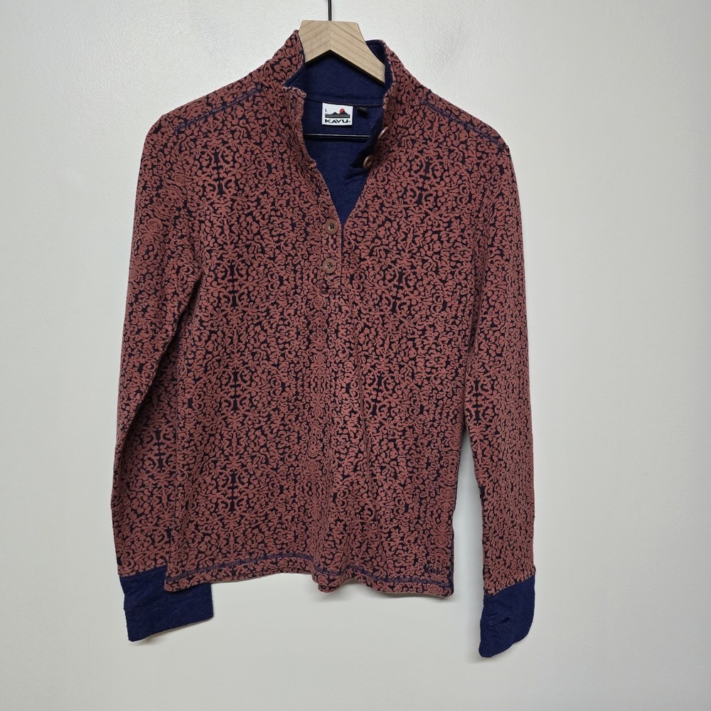 Kavu Women's Lopez Filigree Print Button High Collar Pullover Knit Sweater Sz L